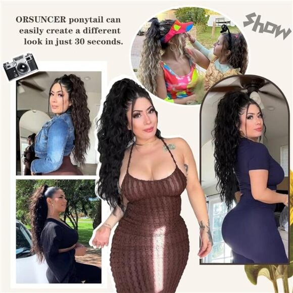 Claw Long Wavy Ponytail Extension Black Brown 30" Curly Pony Tail Clip - Picture 5 of 7